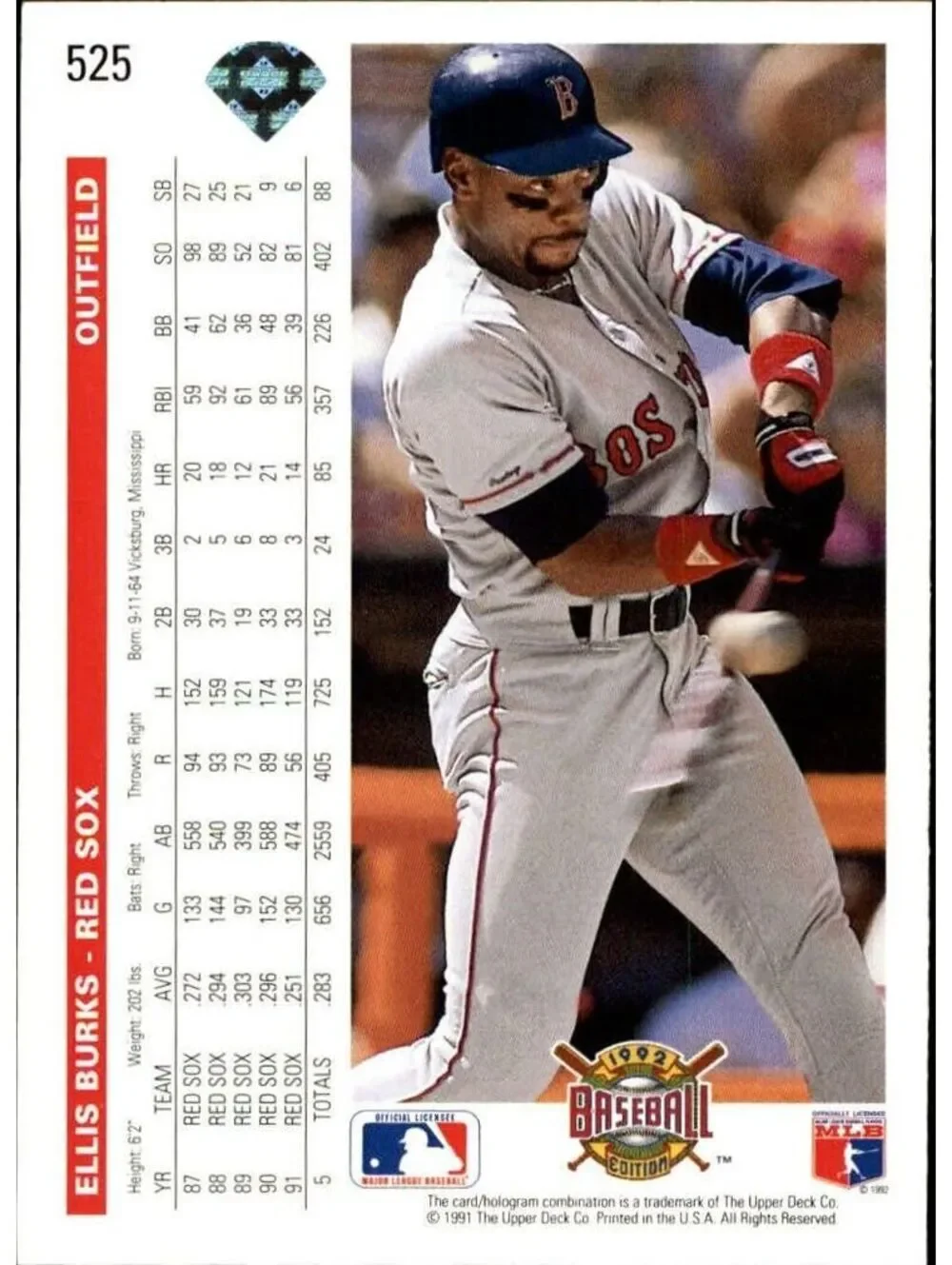 Ellis Burks 1992 Upper Deck MLB #525 Baseball Card Boston Red Sox